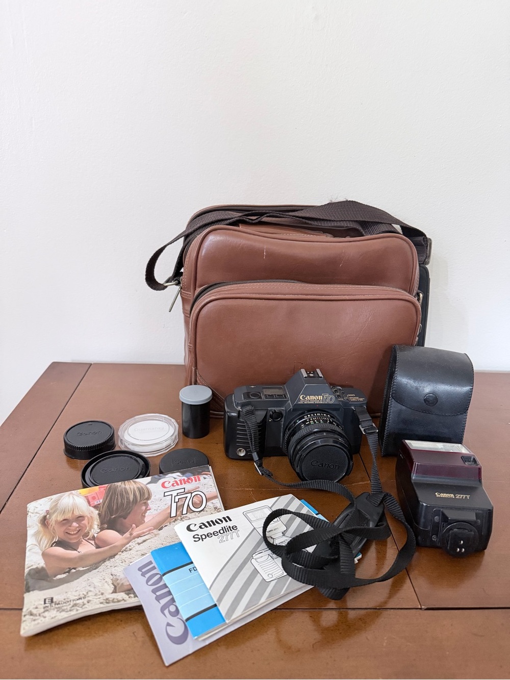 Vintage Canon T70 35mm SLR Film Camera 50mm Lens Flash Carry Bag Manual Tested